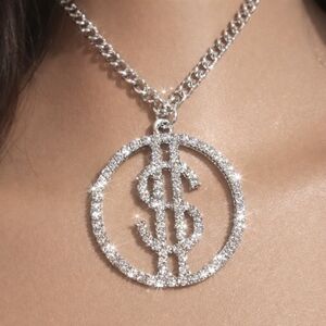 Silver tone Rhinestone Dollar Sign Circle Design pendant Necklace Women Jewelry